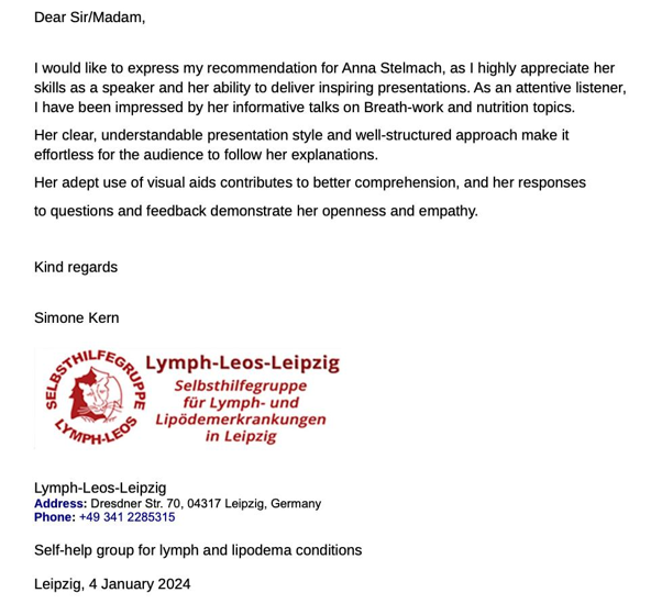 Recommendation letter from Simone Kern, Lymph-Leos-Leipzig
